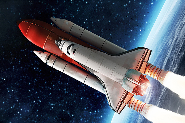 Space shuttle launch in outer space from Earth. Rocket on orbit of the planet. Elements of this image furnished by NASA Space shuttle launch in outer space from Earth. Rocket on orbit of the planet. Elements of this image furnished by NASA