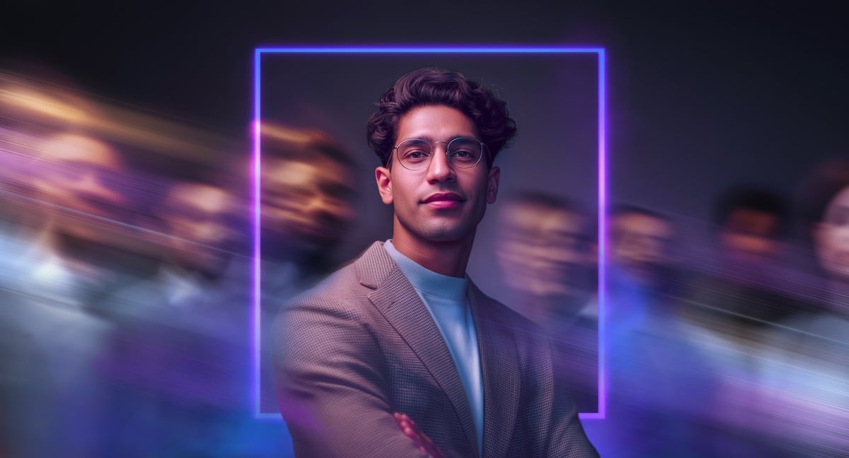 Professional Indian American Male Executive Standing Still Within Purple Motion Blur